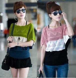 spring female short-sleeve batwing shirt loose o-neck basic shirt cutout thin knitted