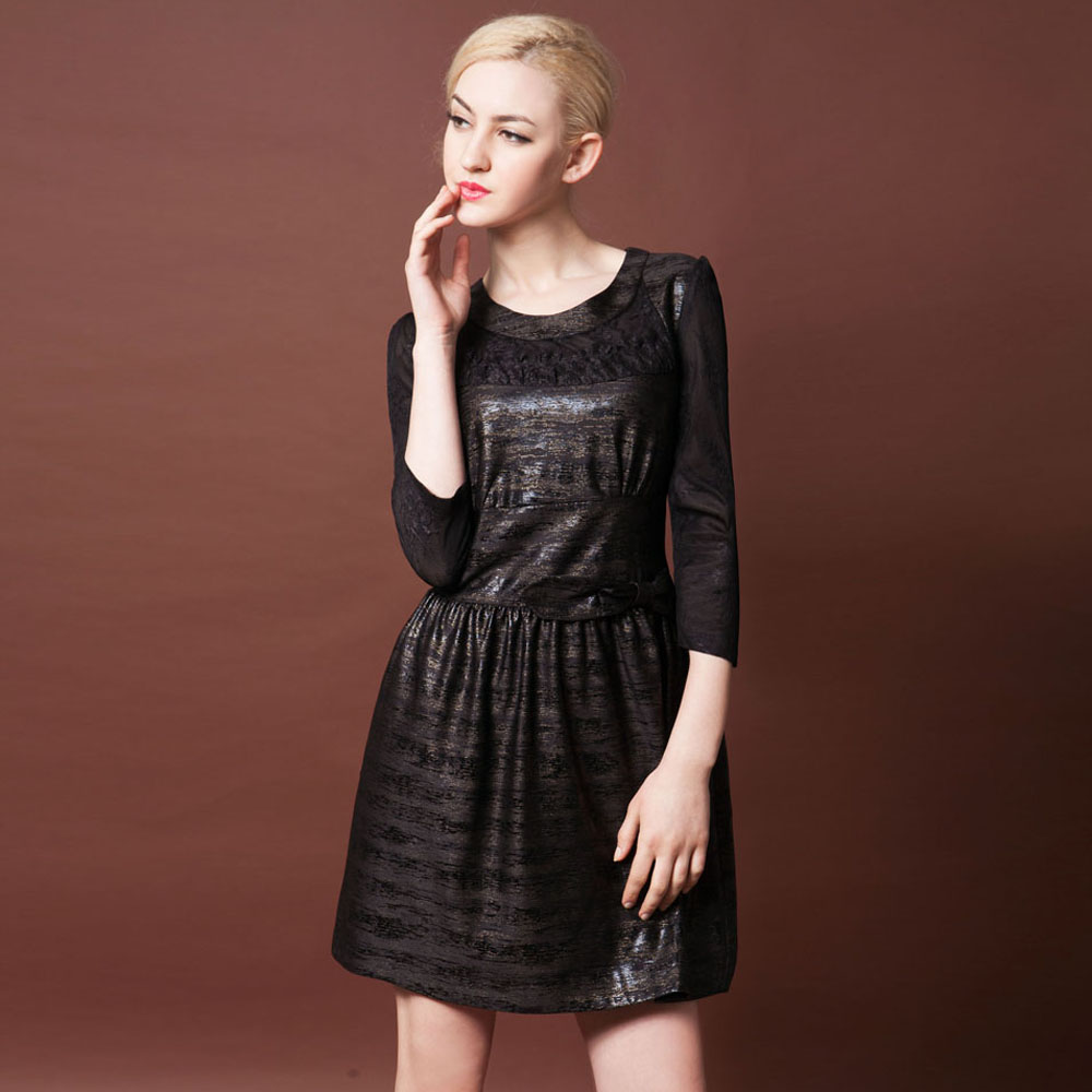 Spring formal ol slim japanned leather quality three quarter sleeve one-piece dress