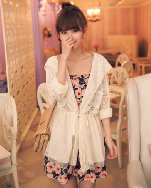 Spring gauze lace patchwork summer with a hood sun-shading sunscreen slim waist long-sleeve cape outerwear