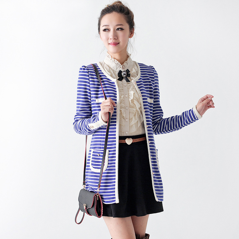 Spring high quality fashion vintage gentlewomen long outerwear knitted stripe women's long-sleeve knitted trench