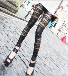 Spring high quality lace faux leather horizontal stripe double ankle length legging