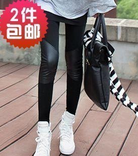 Spring knee legging faux leather patchwork female skinny pants pencil pants female trousers