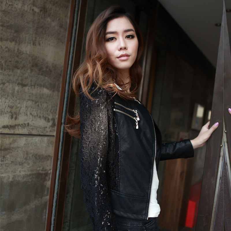 Spring lace cutout design PU slim short jacket outerwear new arrival 2013 fashion leather clothing women's
