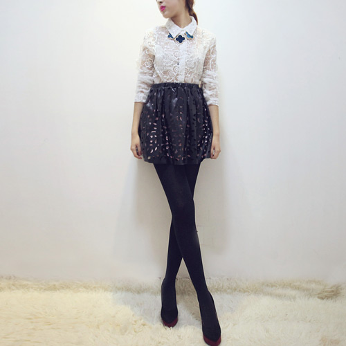 Spring leather cutout flower half-skirt a-line skirt leather skirt bust skirt