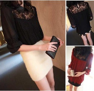Spring leather small lapel sexy black lace patchwork chiffon one-piece dress 031