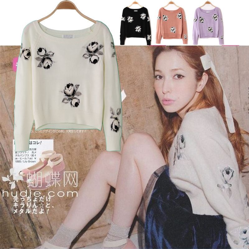 Spring lena journal rose embroidery vintage long-sleeve sweater 2042