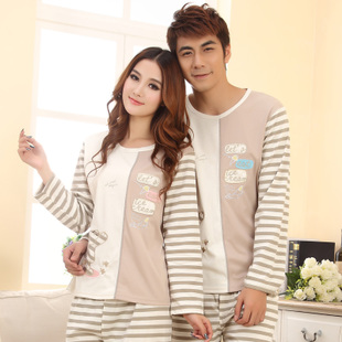 Spring lovers casual outdoor 100% cotton sleepwear stripe patchwork bear lounge twinset Free delivery