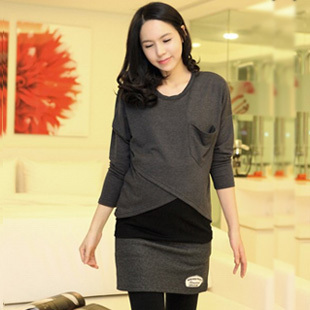 Spring maternity clothing brief all-match faux two piece long-sleeve maternity top t-shirt nursing