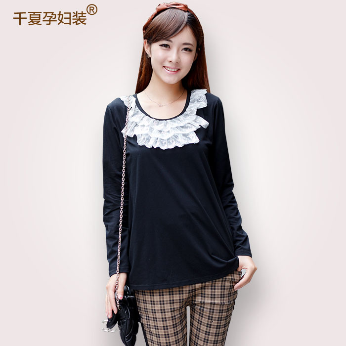 Spring maternity clothing fashion clothes spring and autumn lace decoration o-neck long-sleeve T-shirt basic shirt