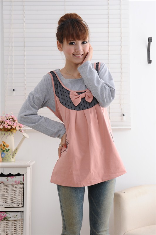 Spring maternity clothing lace bow maternity top faux two piece medium-long maternity long-sleeve T-shirt