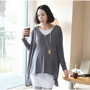 Spring maternity clothing top twinset maternity basic shirt solid color Dark thin outerwear gray