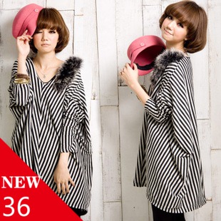 Spring maternity T-shirt batwing long-sleeve shirt V-neck stripe plus size spring maternity clothing loose top