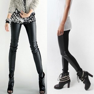 Spring matt faux leather skin after cotton patchwork slim elastic ankle length trousers cotton legging