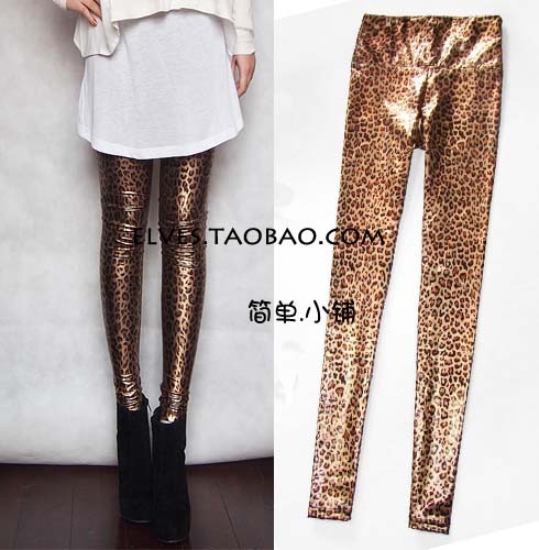 Spring matt glossy fashion tight high waist leopard print faux leather legging faux leather pants female