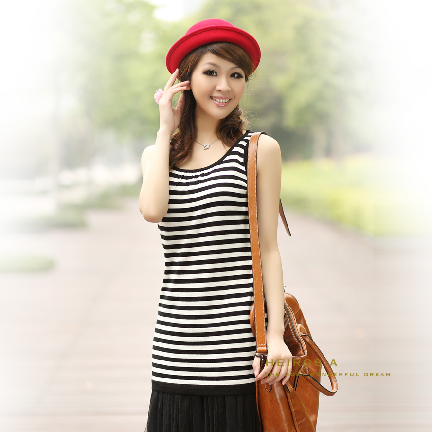 Spring medium-long black and white stripe vest all-match woven shirt basic shirt women's