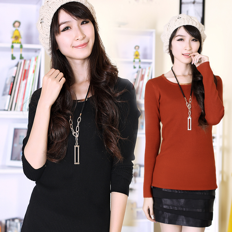 Spring medium-long solid color elastic slim o-neck thickening female pullover knitted sweater