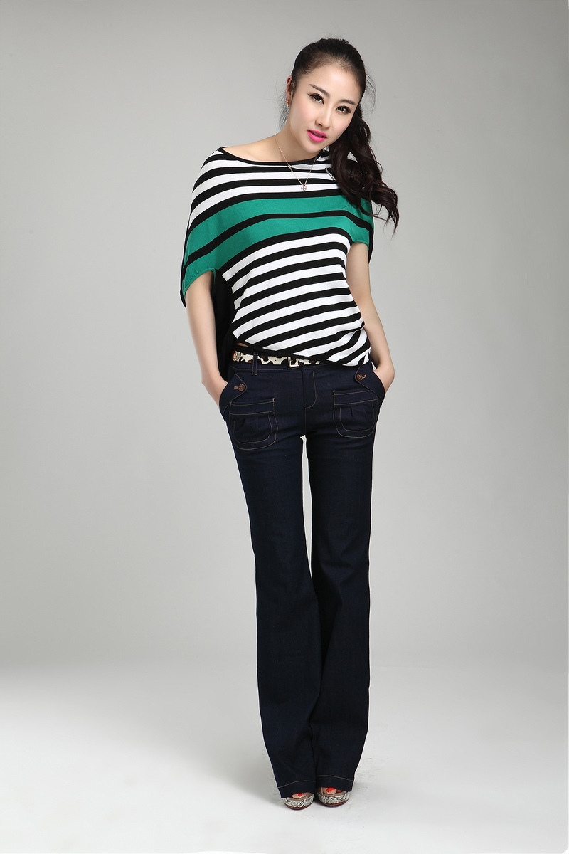 Spring mg102 fresh color block decoration stripe batwing sleeve sweater 2