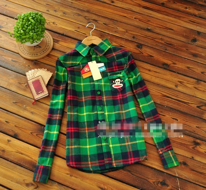 Spring multicolour plaid embroidery monkey pattern decoration thickening shirt female
