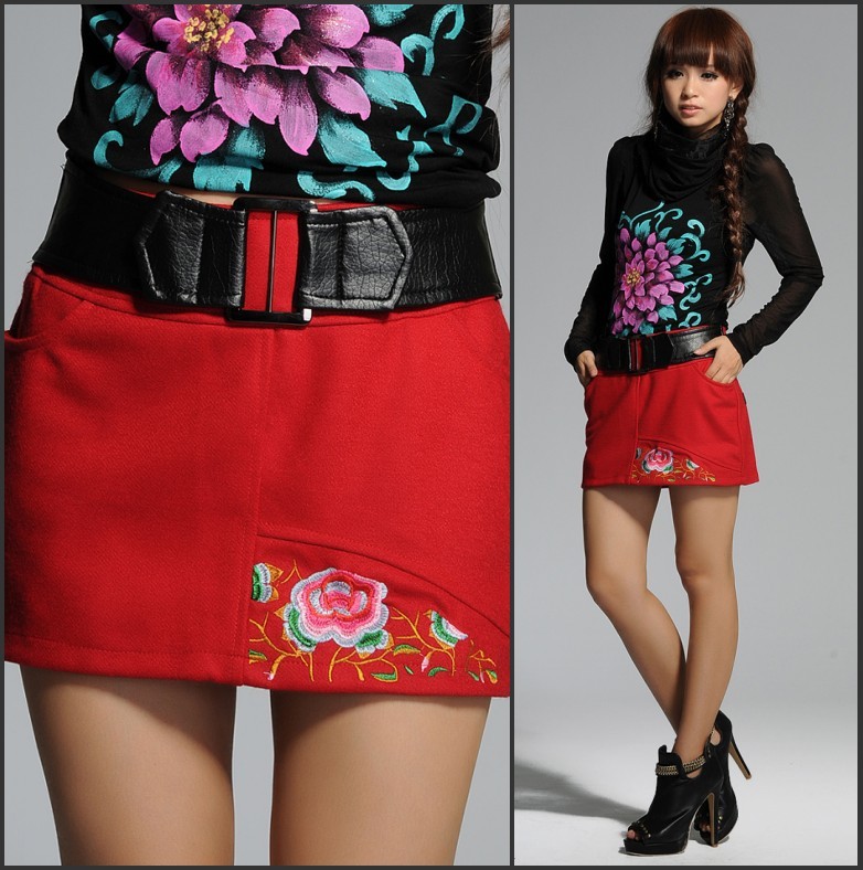 Spring  national trend embroidered peony a-line skirt leather buckle on decoration woolen short skirt