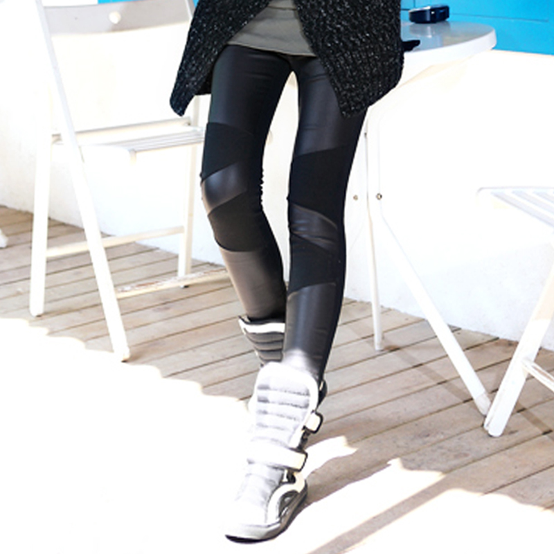 Spring new arrival all-match patchwork faux leather slim trousers legging k6367