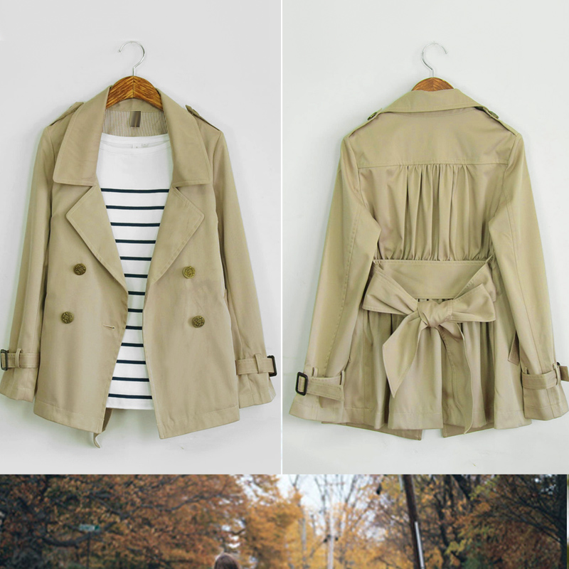 Spring new arrival fashion high quality classic double breasted back pleated bow belt trench outerwear