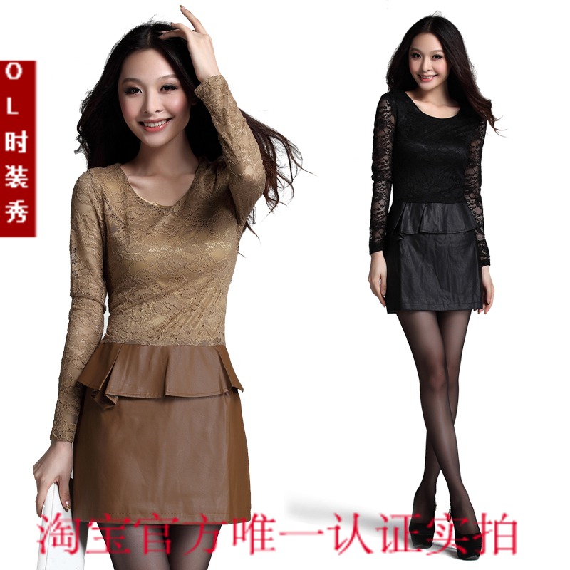 Spring new arrival fashion patchwork slim hip leather skirt slim long-sleeve basic lace one-piece dress