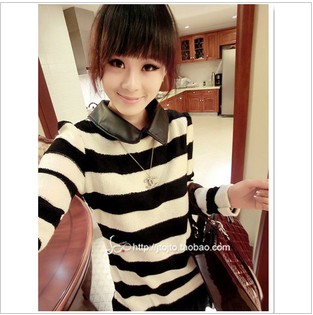 Spring new arrival fashion stripe faux leather small lapel pleated chiffon sweep top