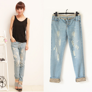 Spring new arrival female wearing white hole casual roll-up hem denim ankle length trousers roll up hem applique (WC067)