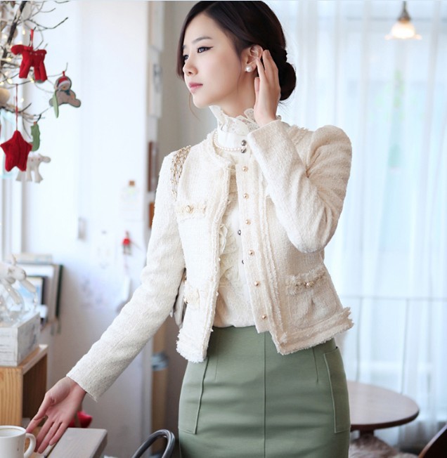 Spring new arrival gentlewomen all-match ol elegant long-sleeve tweed fabric slim short jacket top female outerwear