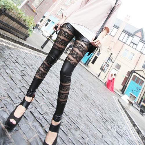 Spring new arrival lace patchwork leather fashion personality female legging