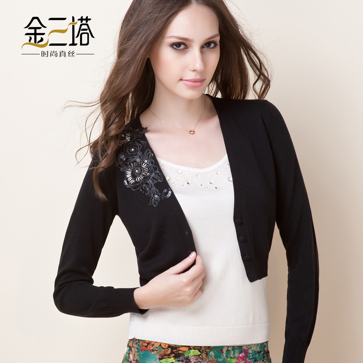 Spring new arrival mulberry silk cashmere blended fabric silk applique stitch long-sleeve cardigan top shirt