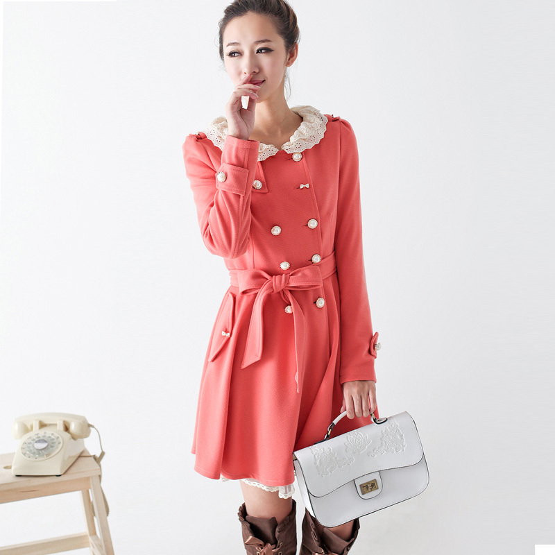 Spring new arrival women's fashion outerwear lace peter pan collar overcoat double breasted belt gentlewomen long trench design