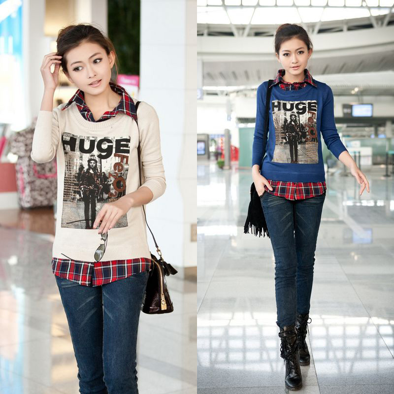 Spring new arrival women's plaid shirt collar patchwork faux two piece set slim sweater long-sleeve sweater basic shirt