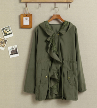 Spring New coat 2013 Women's clothing Long the trench coat The falbala bud silk  Army green coat falbala coat