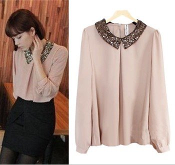 Spring new hot lady long-sleeve vintage chiffon paillette shirt peter pan collar shirt women sweet sequined blouse
