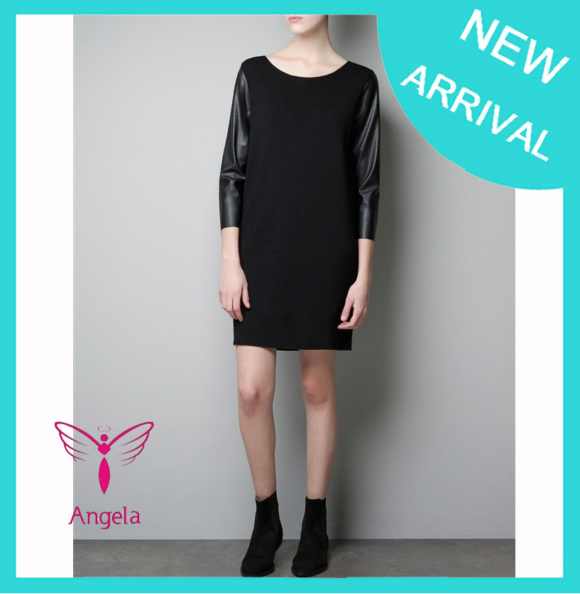 Spring New!Women's Leather Sleeves Knit Dress, leather dresses for women freeshipping SK-048-1