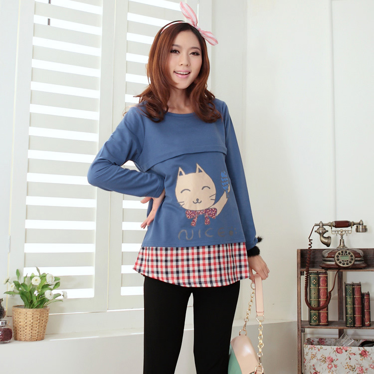 Spring nursing top fashion plaid long-sleeve t shirts loose cartoon maternity nursing loading