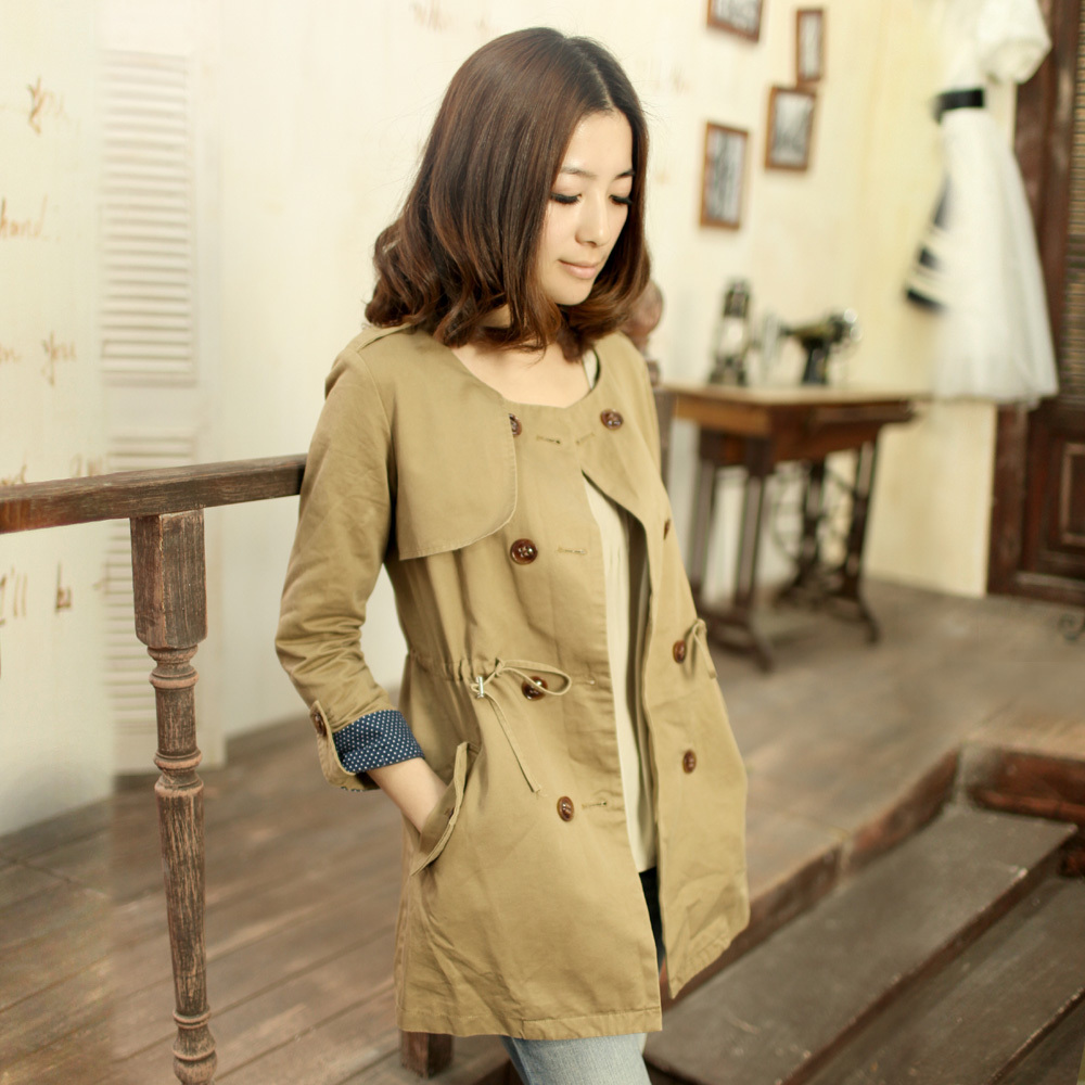 Spring o-neck polka dot medium-long long-sleeve female trench drawstring slim casual plus size outerwear Free Shipping