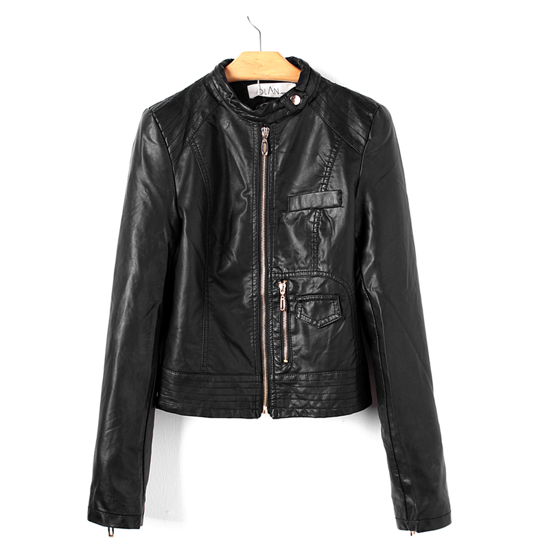 Spring outerwear slim o-neck water washed leather motorcycle clothing PU leather female short jacket design