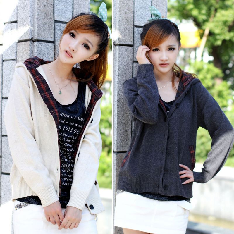 Spring paragraph women's 2013 all-match new arrival plaid with a hood small sweet sweater outerwear