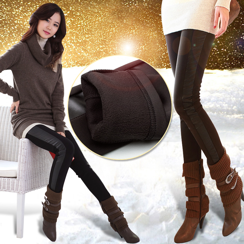 Spring patchwork leather 2013 plus velvet elastic boot cut jeans pencil pants female thickening legging