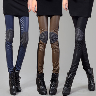 spring patchwork PU faux leather  pencil  elastic waist  boot cut jeans legging trousers free  shipping