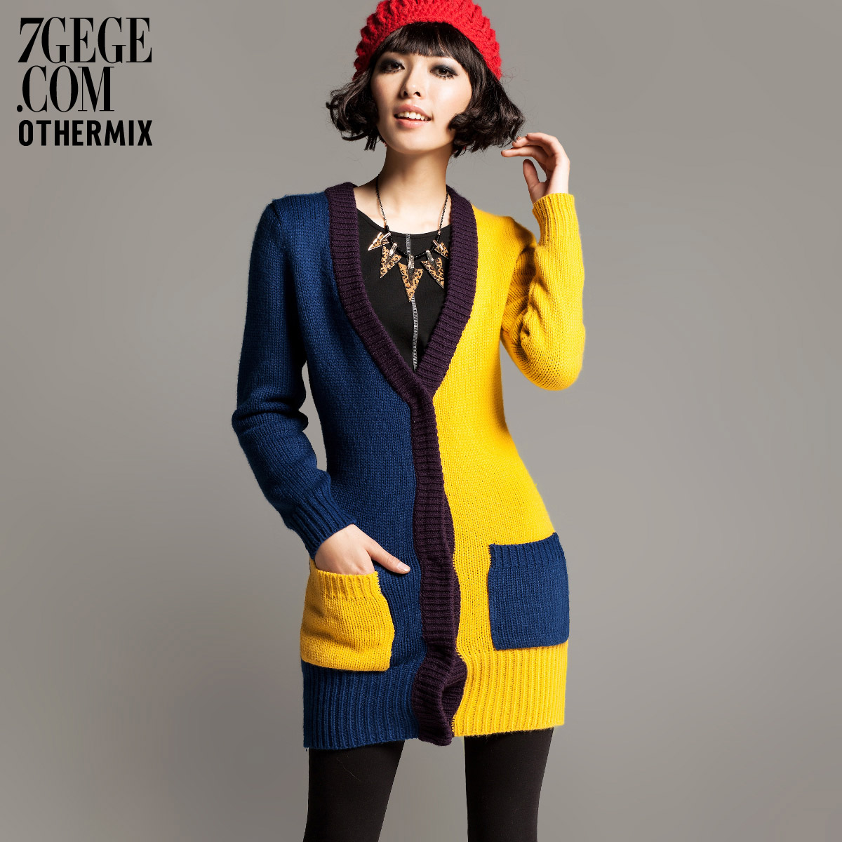 Spring patchwork sweater loose sweater long design cardigan female Free Shipping