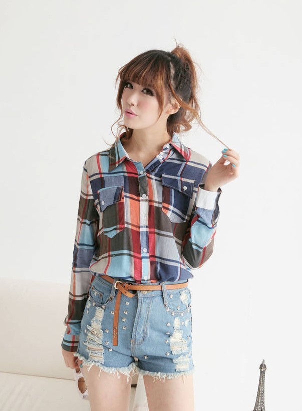 Spring plaid lace shirt 6006