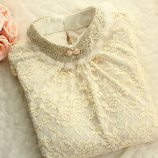 Spring proen dak women's rabbit fur turn-down collar lace shirt puff sleeve basic shirt