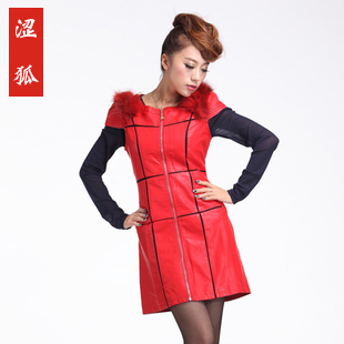 Spring PU water wash leather slim leather red quality elegant ol slim hip one-piece dress Spring free shipping DHL/EMS
