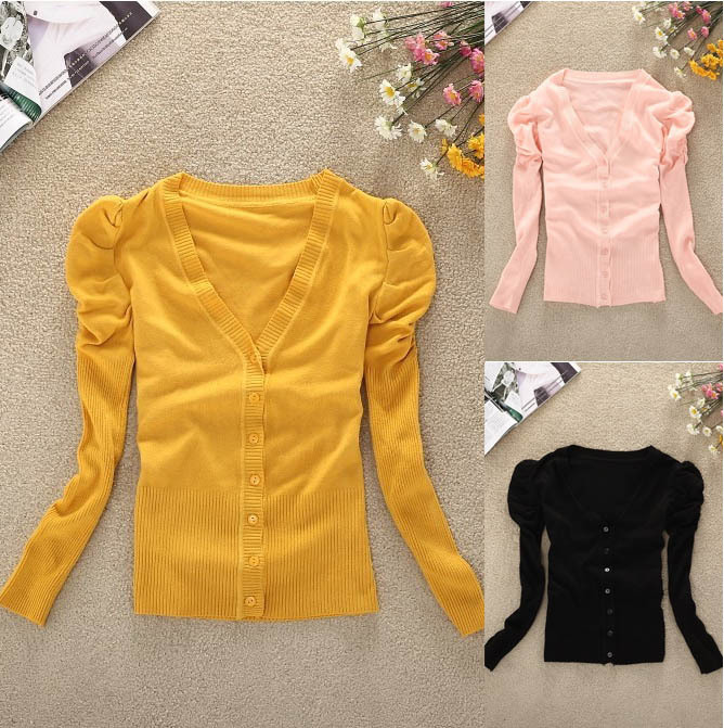 Spring puff sleeve cardigan sweater cardigan small fresh outerwear female spring and autumn sun protection clothing
