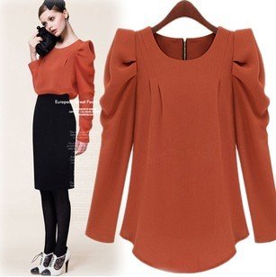 Spring Resort Wear Solid Color Women Chiffon Blouse Puffy Long Sleeves Blouse O-neck Pleat Ruffles Zipper Top Career Work Shirt