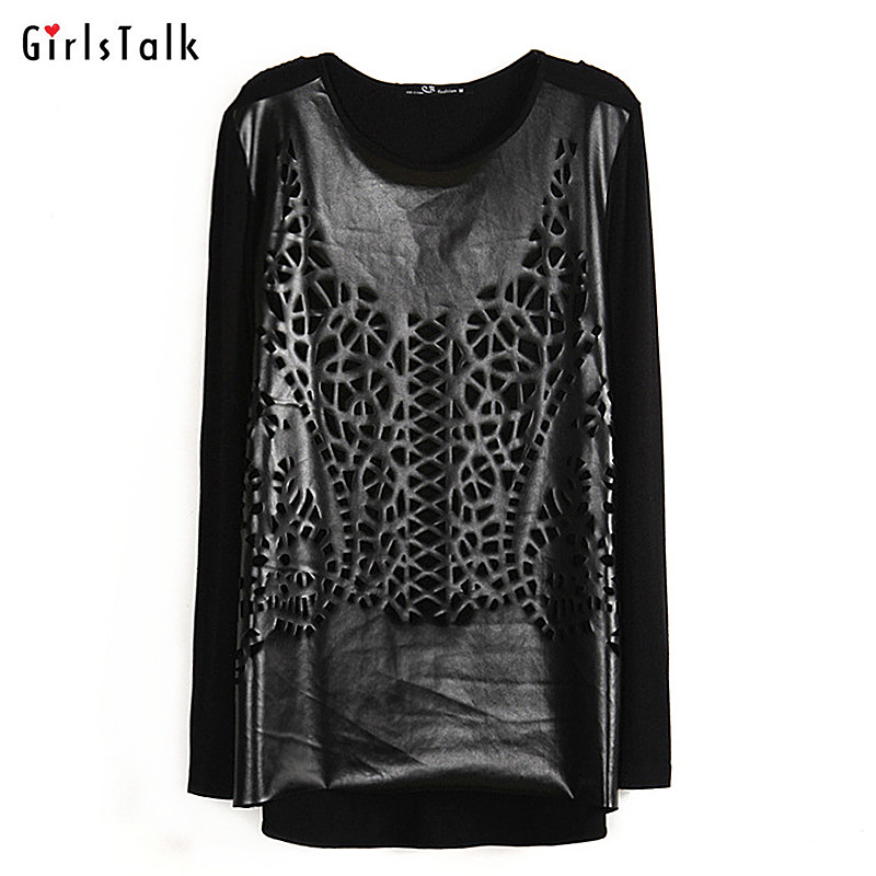 Spring sculpture cutout PU analysed faux leather patchwork knitted dovetail black long-sleeve T-shirt basic shirt