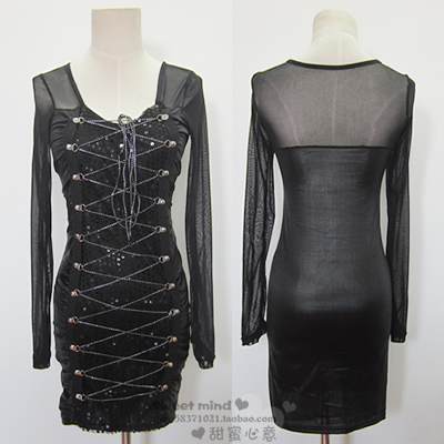 Spring sexy leather metal color low-cut racerback lacing slim hip tight fitting long-sleeve dress slim
